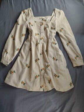 Listicle Cream Corduroy Floral Embroidered Mini Babydoll Dress Size Small